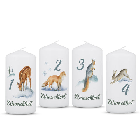 Kleine Kerzen - Advent Wintertiere Aquarell - Adventskerzen im 4er Set
