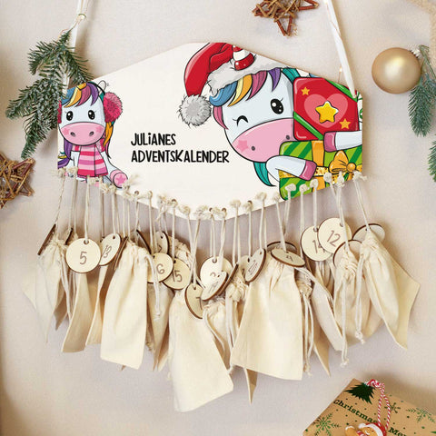 Personalisierter Adventskalender aus Holz mit Druckmotiv & Namen - Einhorn