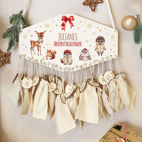 Personalisierter Adventskalender aus Holz mit Druckmotiv & Namen - Waldtiere
