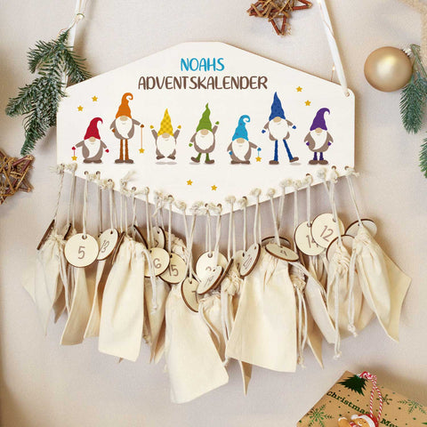 Personalisierter Adventskalender aus Holz mit Druckmotiv & Namen - Wichtel
