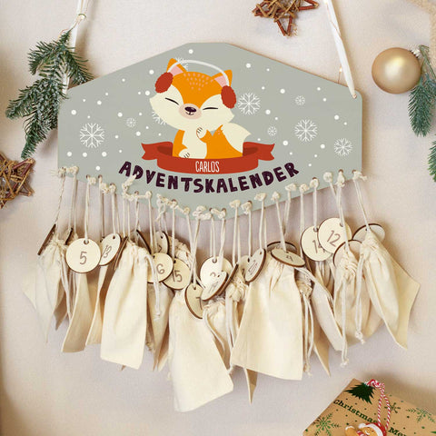 Personalisierter Adventskalender aus Holz mit Druckmotiv & Namen - Wintertiere