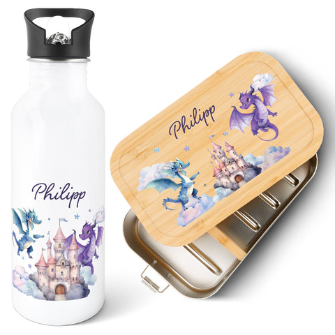 Bedruckte Brotdose & Trinkflasche im Set - Drache