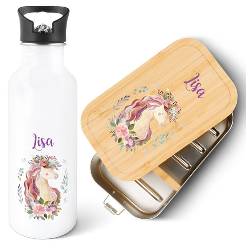Bedruckte Brotdose & Trinkflasche im Set - Einhorn V2