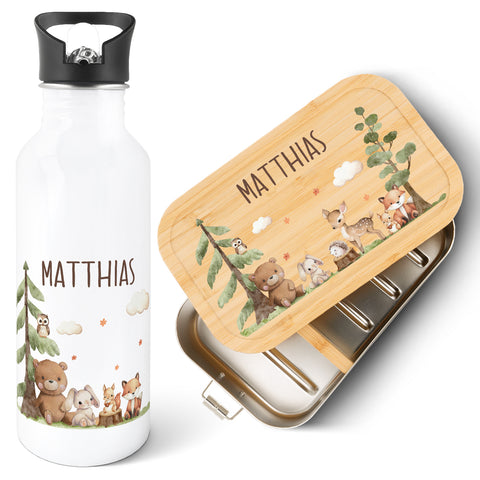 Bedruckte Brotdose & Trinkflasche im Set - Waldfreunde