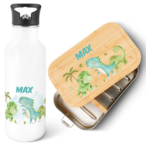 Bedruckte Brotdose & Trinkflasche im Set - Dino
