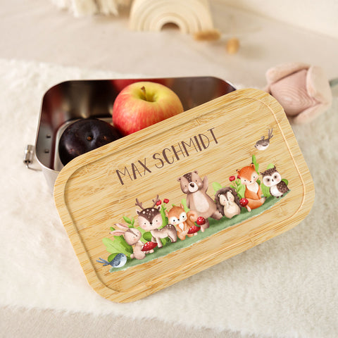 Brotdose mit Deckel für Kinder mit UV-Druck im "Tiergruppe Waldtiere" Design