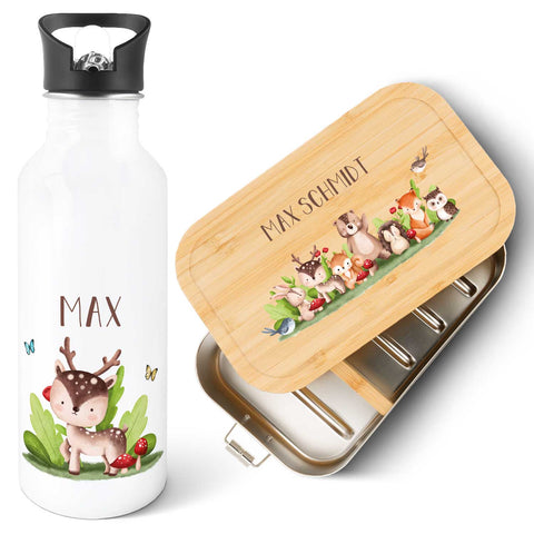 Bedruckte Brotdose & Trinkflasche im Set - Tiergruppe