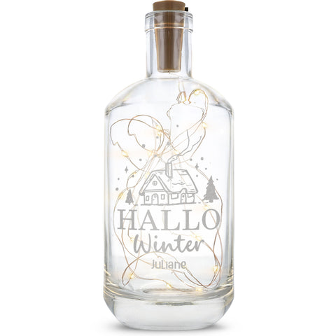 Flaschenlicht mit LED-Lichterkette im Hallo Winter Design - Personalisiert mit Namen