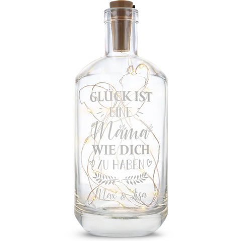 Flaschenlicht mit LED-Lichterkette und Gravur "Glück ist eine Mama wie dich zu haben"