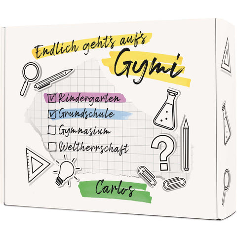 Personalisierte Geschenkbox - Endlich gehts aufs Gymi - Einschulung