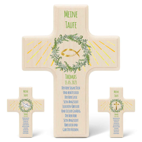 Personalisierbares Holzkreuz zur Taufe Konfirmation und Kommunion - Kranz Design