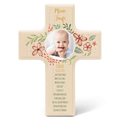 Personalisierbares Holzkreuz zur Taufe Konfirmation oder Kommunion - Mit eigenem Foto - Blumenkranz