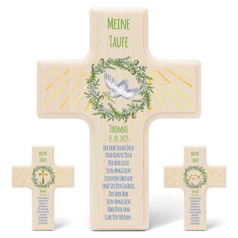 Personalisierbares Holzkreuz zur Taufe Konfirmation und Kommunion - Kranz Design