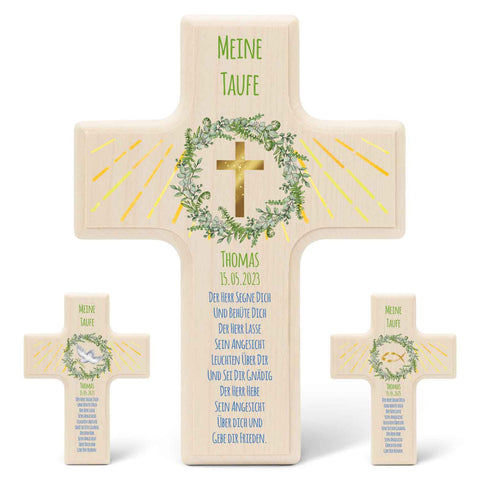 Personalisierbares Holzkreuz zur Taufe Konfirmation und Kommunion - Kranz Design