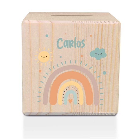 Spardose aus Holz - Regenbogen Pastell