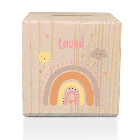 Spardose aus Holz - Regenbogen Pastell