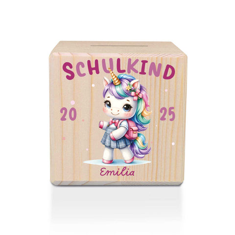 Spardose aus Holz - Schulkind