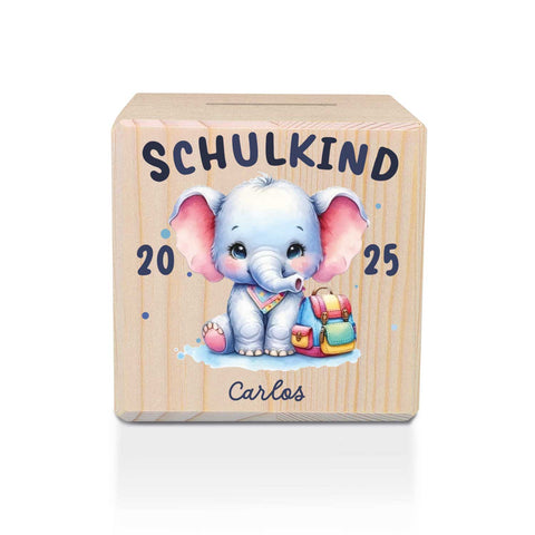 Spardose aus Holz - Schulkind