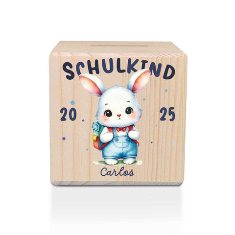 Spardose aus Holz - Schulkind