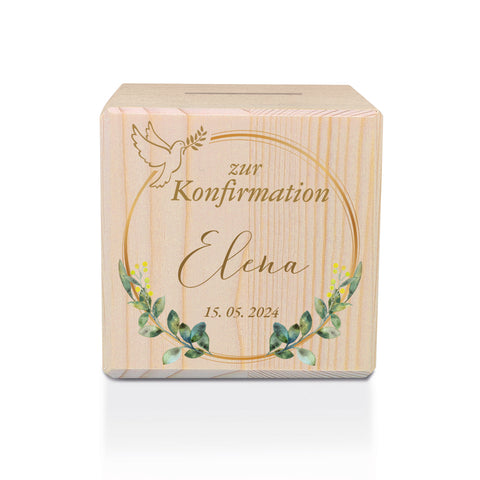 Spardose aus Holz - Taube Gold