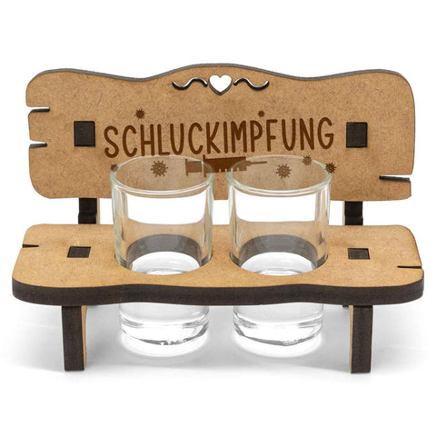 Gravierte Schnapsbank im Schluckimpfung Design + 2 Schnapsgläser