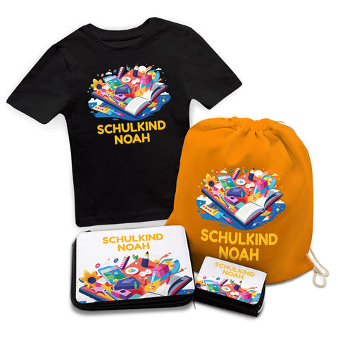 Personalisiertes Schulset - Buch - mit T-Shirt, Sportbeutel, Federmappe & Geldbörse