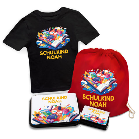 Personalisiertes Schulset - Buch - mit T-Shirt, Sportbeutel, Federmappe & Geldbörse