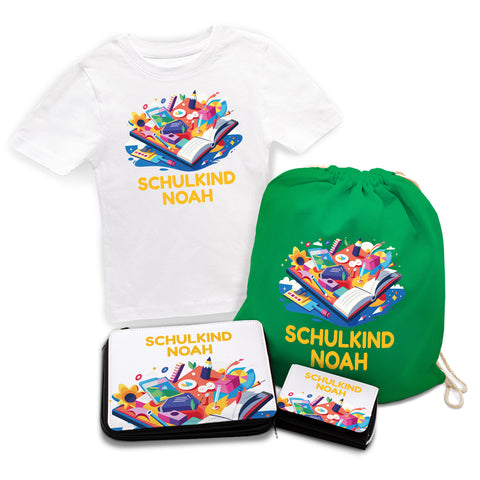 Personalisiertes Schulset - Buch - mit T-Shirt, Sportbeutel, Federmappe & Geldbörse