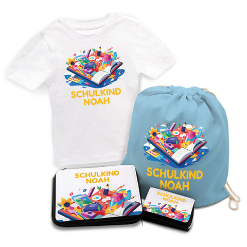 Personalisiertes Schulset - Buch - mit T-Shirt, Sportbeutel, Federmappe & Geldbörse