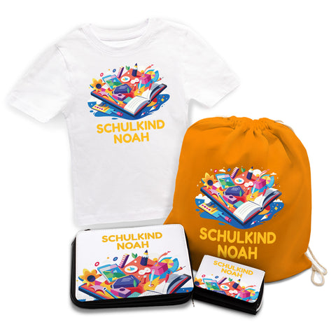 Personalisiertes Schulset - Buch - mit T-Shirt, Sportbeutel, Federmappe & Geldbörse