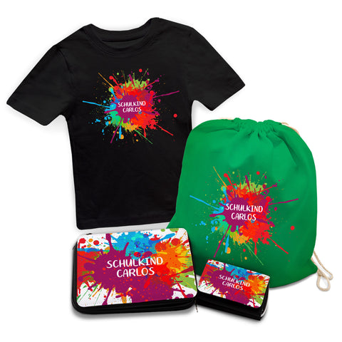 Personalisiertes Schulset - Colorsplash - mit T-Shirt, Sportbeutel, Federmappe & Geldbörse