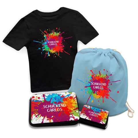 Personalisiertes Schulset - Colorsplash - mit T-Shirt, Sportbeutel, Federmappe & Geldbörse