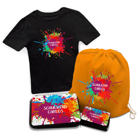 Personalisiertes Schulset - Colorsplash - mit T-Shirt, Sportbeutel, Federmappe & Geldbörse