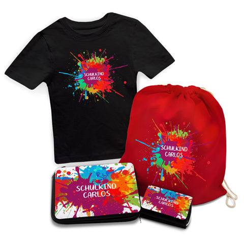 Personalisiertes Schulset - Colorsplash - mit T-Shirt, Sportbeutel, Federmappe & Geldbörse