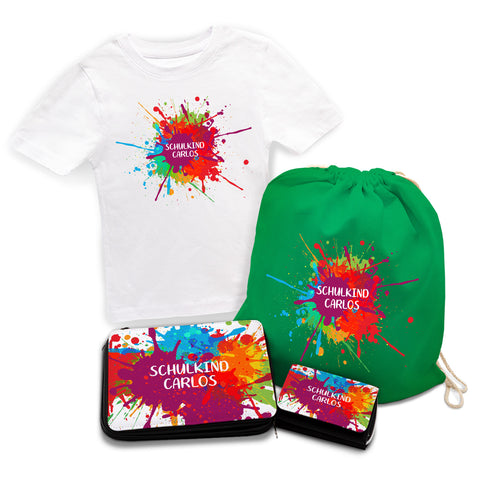 Personalisiertes Schulset - Colorsplash - mit T-Shirt, Sportbeutel, Federmappe & Geldbörse