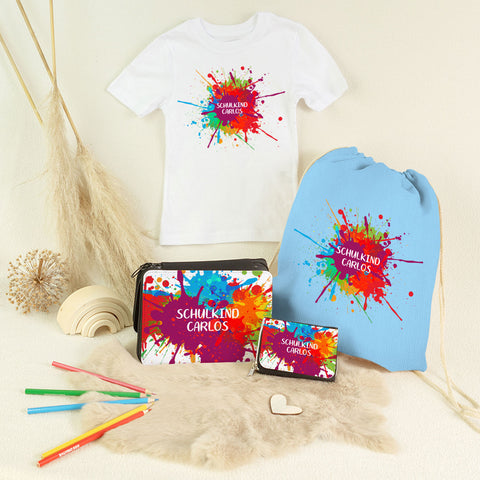 Personalisiertes Schulset - Colorsplash - mit T-Shirt, Sportbeutel, Federmappe & Geldbörse