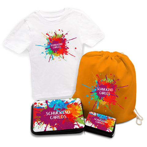 Personalisiertes Schulset - Colorsplash - mit T-Shirt, Sportbeutel, Federmappe & Geldbörse