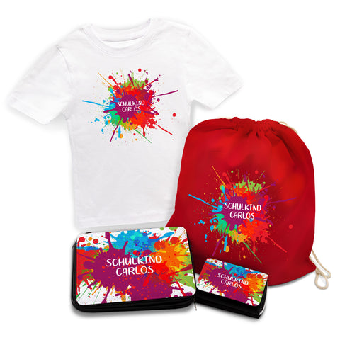 Personalisiertes Schulset - Colorsplash - mit T-Shirt, Sportbeutel, Federmappe & Geldbörse