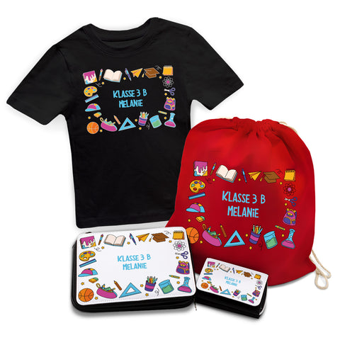 Personalisiertes Schulset - Comic - mit T-Shirt, Sportbeutel, Federmappe & Geldbörse