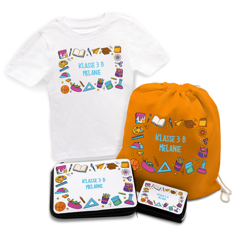 Personalisiertes Schulset - Comic - mit T-Shirt, Sportbeutel, Federmappe & Geldbörse