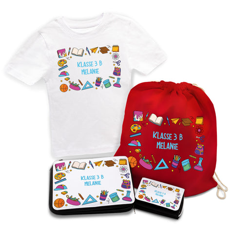 Personalisiertes Schulset - Comic - mit T-Shirt, Sportbeutel, Federmappe & Geldbörse