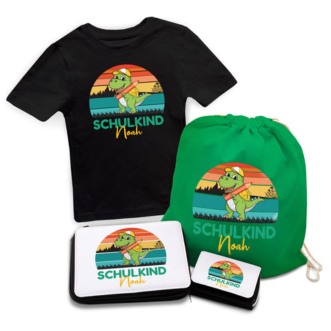 Personalisiertes Schulset - Dino - mit T-Shirt, Sportbeutel, Federmappe & Geldbörse