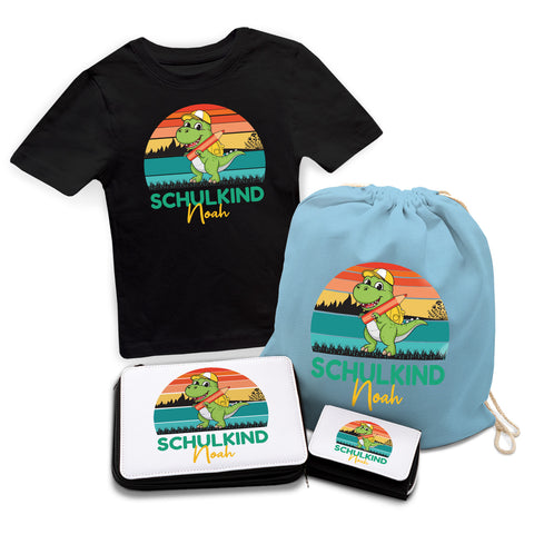 Personalisiertes Schulset - Dino - mit T-Shirt, Sportbeutel, Federmappe & Geldbörse