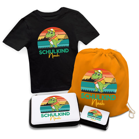 Personalisiertes Schulset - Dino - mit T-Shirt, Sportbeutel, Federmappe & Geldbörse