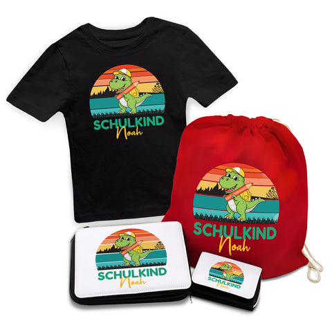 Personalisiertes Schulset - Dino - mit T-Shirt, Sportbeutel, Federmappe & Geldbörse
