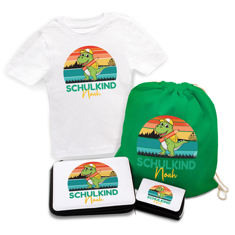 Personalisiertes Schulset - Dino - mit T-Shirt, Sportbeutel, Federmappe & Geldbörse