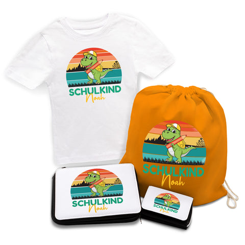 Personalisiertes Schulset - Dino - mit T-Shirt, Sportbeutel, Federmappe & Geldbörse