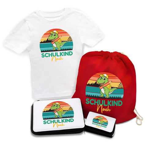 Personalisiertes Schulset - Dino - mit T-Shirt, Sportbeutel, Federmappe & Geldbörse