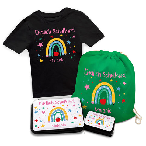 Personalisiertes Schulset - Regenbogen - mit T-Shirt, Sportbeutel, Federmappe & Geldbörse