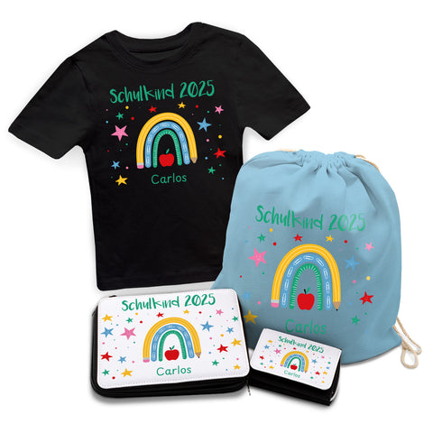 Personalisiertes Schulset - Regenbogen - mit T-Shirt, Sportbeutel, Federmappe & Geldbörse